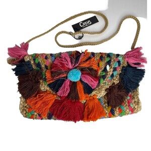 Sam Edelman Circus Jute Crossbody Tassle Fold Over Bag Purse Colorful NEW
